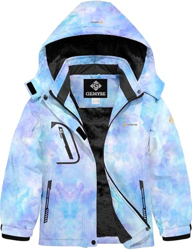 GEMYSE Mädchen Skijacke wasserdicht Winterjacke winddicht Fleece Schneeanzug warm mit Kapuze für Outdoor(Blau Lila,152-158)