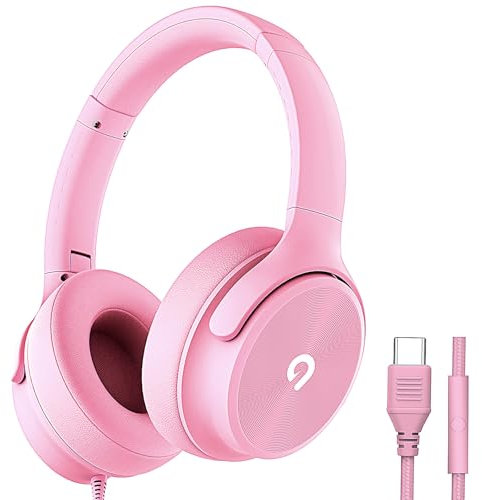 ADOOPE USB C Wired Over-Ear Headphones with Mic, Hi-Fi Stereo Sound, Noise-Isolating Ear Cups, Comfortable Fit for iPhone15/16, Samsung Galaxy S24/S23, Type-C Phones & Tablets (Pink)