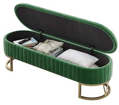 Sitzbank mit Stauraum, gepolstert, Samt, mit goldenen Beinen, Bettbank für Schlafzimmer, Eingang, Fußhocker, 90 kg, Grün, 140 cm