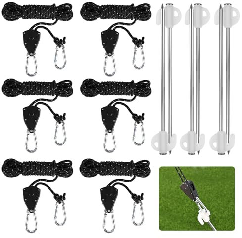 Rzspher Lot de 6 cordes à cliquet de 4 mm - 4 m - Tendeur de corde réglable - Boucle de 1/8 - Avec 6 clous lumineux pour tente, voile d'ombrage, bâche de camping
