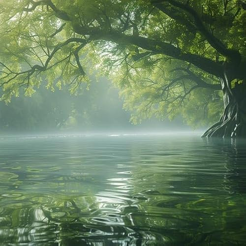 TRIOSK Große Motivplane Sichtschutz Zaunblende mit Motiv Flussbaum Nebel Fluss Wasser Baum Motivbanner Garten Deko Plane Blickdicht für Zaun Terrasse Gartenzaun Zaunplane PVC 600x200 cm