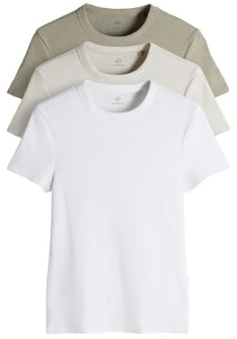 THE SET Damen t gerippte Kurzarm-T-Shirts, 3er-Pack Light Khaki/Warm Stone/White L