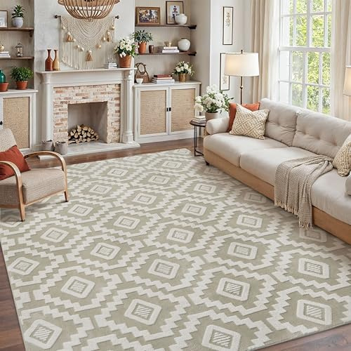 PureCozy Large Living Room Area Rug, 200x300cm Machine Washable Non Slip Fluffy Modern Rugs for Bedroom Dining Room Office, Non Shedding Short Pile Carpet for Indoor Home Decor，Beige & White
