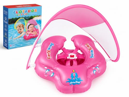 Bouée bébé avec siège et Harnais de sécurité + Auvent Anti-Soleil – Flotteur de Piscine pour bébé 6 à 24 Mois – PVC renforcé (Rose)
