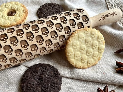 Rouleaux à Pâtisserie Gravé - CRÂNE, Rouleau Pâtisserie en Relief Pour DIY Faire, Pour la Décoration de Biscuits Halloween, Rouleau en Bois avec Embossage par Algis Crafts