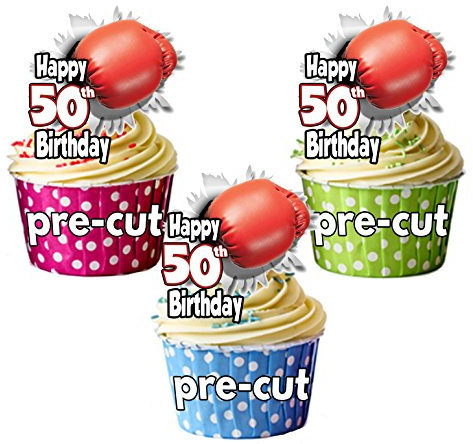AK Giftshop PRECUT Boxing Glove - 50th Birthday - Edible Cupcake Toppers/Cake Decorations (Pack of 12)
