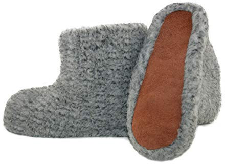 Moro-Design Hausschuhe Hüttenschuhe Lammfell Schafwolle Schaffell Wildleder Grau Gr.36-47 (46)