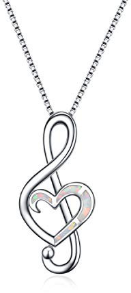 WINNICACA Musiknote Halskette Sterling Silber Erstellt Weiß Feueropal Dance Lover Anhänger Halsketten für Frauen Mädchen Geschenke Schmuck