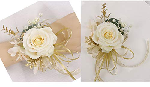 USIX Handgefertigte künstliche Blume Rose mit goldenen Blättern, Bändern, künstliche Perlen, Ansteckblume und Herren-Anstecknadel, Kombi-Set für Hochzeit, Party, Abschlussball, Heimkehr, 2 Stück