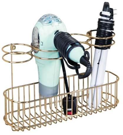 mDesign Hängekorb für Haarpflegeprodukte – kompakte Hängeaufbewahrung aus Metall für Wand und Schrank – Glätteisen- und Fönhalter für Ordnung im Bad – messingfarben