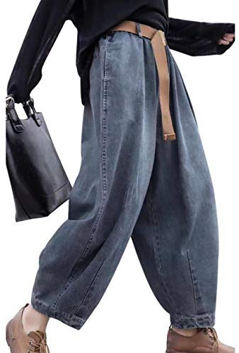 YESNO Women's Ladies Casual Baggy Jeans Cropped Denim Half Elastic Waist Trousers with Pockets 2XL PJDTYP1 Blue UK