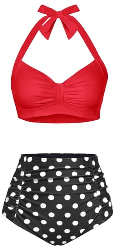 Holipick Red Black Dot Women High Waisted Bikini Set Two Piece Swimsuit Tummy Control Bathing Suit Vintage Halter Swimwear L