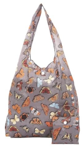 ECO CHIC Lightweight Foldable Reusable Shopping Bag Water Resistant Tote Bag (Wild Butterflies Grey)