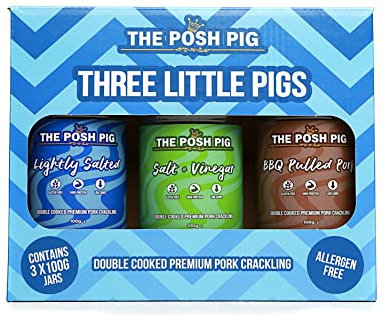 The Posh Pig - 3 x 100g Flavoured Pork Crackling Gift Set - Allergen Free - Low Carb - High Protein (Classic Trio (Salt,Salt&Vinegar,BBQPulledPork))