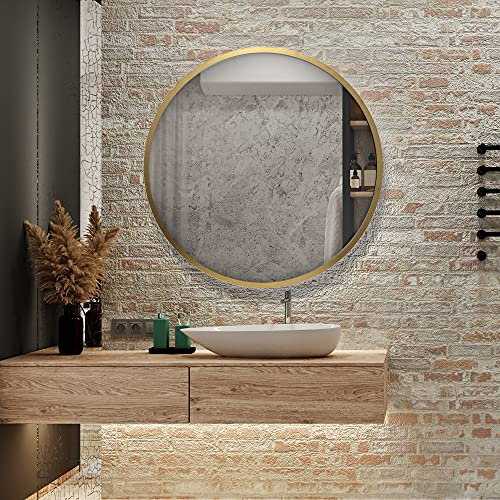 Espejo Redondo de Pared Fabricado en España - Ancho de moldura 2.5 cm - Acabado Artesanal - Espejo Decorativo Ideal para Salón, Recibidor, Vestidor, Dormitorio y Baño. (Oro Envejecido, 55x55 cm)