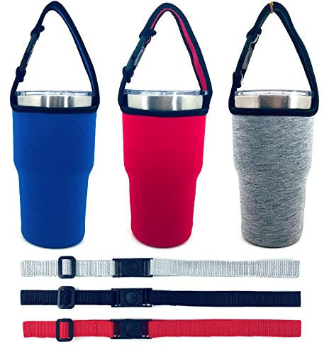 AICMEI 3 Pack 30oz Cup Holder with Shoulder Strap, Neoprene Insulator Cup Sleeve, Reusable, Adjustable, Interchangeable Straps - Blue, Red, Grey