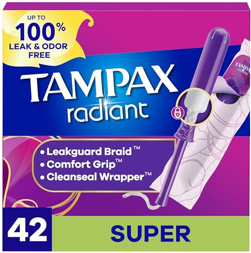 Tampax Radiant Tampons for Women, with LeakGuard Braid, Super Absorbency, Unscented, 42 Count, Packaging May Vary