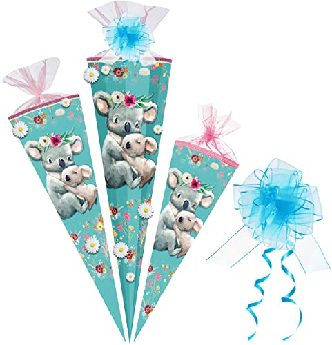 alles-meine.de GmbH Schultüte mit 3D Stoff - Blüten ! süße Koala Familie 35-85 cm Größe wählbar inkl. Tüll Schleife - Zuckertüte - Tüllabschluß/Filzabschluß - eckig..