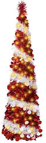 Árbol de Navidad artificial plegable, con espumillón desplegable de 1,5 m con 100 luces LED, de lentejuelas grandes para decoraciones de Navidad, fiestas, carnaval