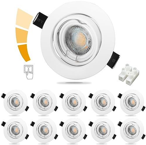 Unikcst 10er Set LED Einbaustrahler 3-Stufe Dimmbar Einbauleuchten Flach 6W Rund Weiß Warmweiß Deckenspots 230V Schwenkbar Mini LED Spots für Küche Wohnzimmer