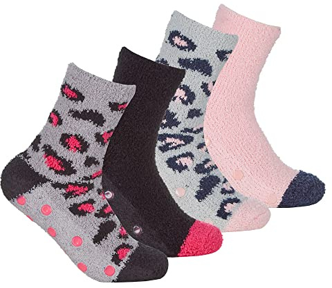 Sock Snob 4 Pair Multipack Womens Bed Socks with Grips Thermal Indoor Fuzzy Anti Slip Cosy Fluffy Slipper Socks for Ladies