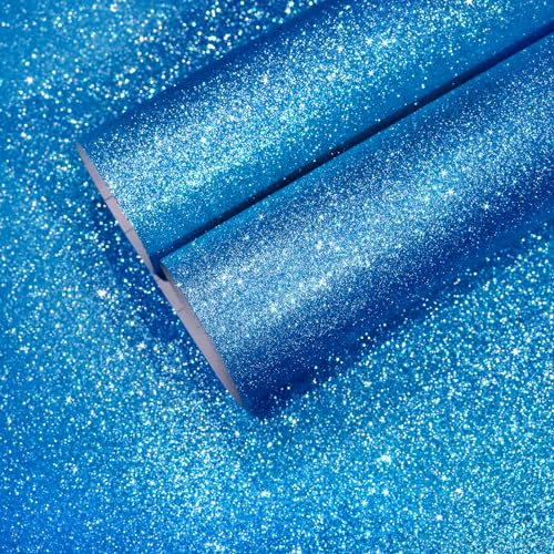 CHIHUT Sparkle Blue Glitter Wallpaper Stick and Peel 15.7''x100'' Self Adhesive Blue Glitter Contact Paper for Walls Removable Fabric Glitter Wallpaper Vinyl Roll for Table Gift Drawers Art Crafts