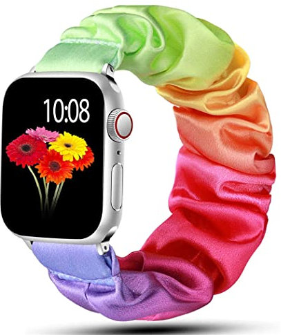 Scrunchie Strap Compatible pour Apple Watch Band 49mm 45mm 41mm 44mm 40mm 42mm 38mm, Bracelet élastique en Nylon pour iwatch Ultra Series 8 7 6 SE 5 4 3 2 1, Arc-En-Ciel, 38/40/41mm-L