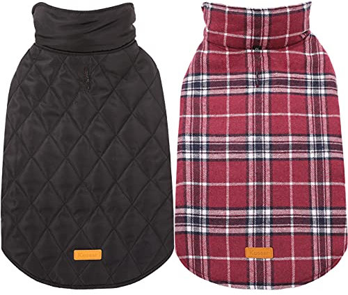 Kuoser Hundemantel Winter für Mittelgroße und Große Hunde - Fleece Wasserdicht Warm Outdoor Jacke mit Geschirr Loch - Karierte Wendejacke, 2XL