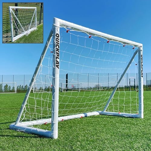 QUICKPLAY Q-Fold Fußballtor, Weiß, 182,9 x 121,9 x 61 cm, Allwetter, 30-Sekunden-Setup, uPVC, patentiertes Flexi-Gelenk-System, keine Durchhang-Querstange, inklusive Netz und Heringen