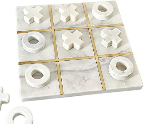 Marble Tic Tac Toe Game Noughts And Crosses Traditional Family Board Fun (White)