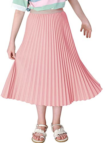 Maeau Faltenrock Lang für Mädchen Chiffon Plissee Rock Kinder Mädchen Mittellange Midi Faltenröcke 7 8 Jahre 130 Rosa A Linien Röcke Elastische Hohe Taille Gefaltete Rock Sommer Frühling Schulmädchen
