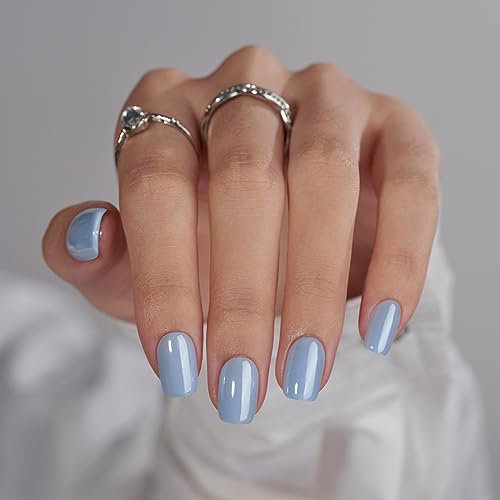 BTArtbox Short Square Press On Nails - Blue Glossy False Nails with Nail Glue, Reusable Soft Gel Nails Kit in 15 Sizes, 30PCS Nail Tips for Women, Ocean Glazed