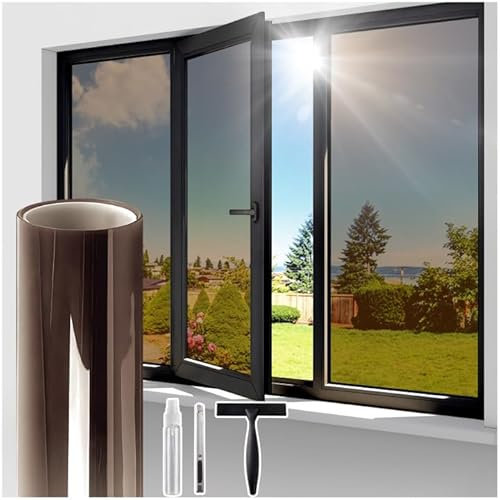 Lifetree One Way Clear Window Film Privacy: Heat Reflective Mirror Window Film for Glass Windows Daytime Anti Glare with Adhesive, UV Window Tint Film Sun Blocker for Home Office (Brown, 75 * 200cm)