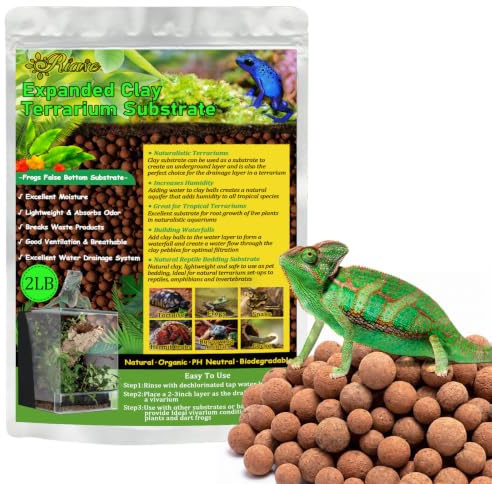 Riare 2LBS Expanded Clay Balls Terrarium Substrate for Reptiles - 100% Organic Lightweight Clay Pebbles Substrate Frogs False Bottom Substrate, Bioactive Terrarium Substrate for Drainage and Moisture
