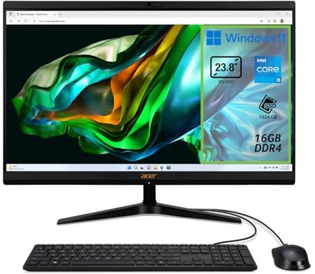 Acer Aspire C24-1800 Computer Fisso All in One, Pc Desktop, Processore Intel Core i5-12450H, Ram 16 GB DDR4, 1024 GB SSD, Display 23.8 IPS FHD LED LCD, Intel UHD, Wifi, Webcam, Windows 11 Home