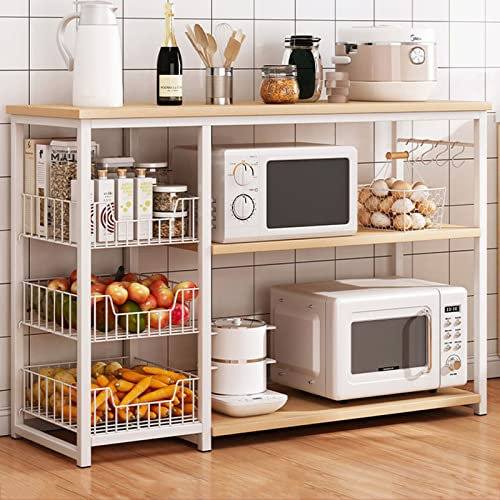 Estante de almacenamiento de metal para panaderos con mesa de madera, versátil isla de cocina y soporte para microondas, organizador de cocina, solución de almacenamiento que ahorra espacio