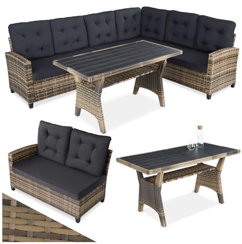 TecTake® Rattan Garden Furniture Set, 8 Seater Corner Sofa, 3 Piece Modular Sofa, 1 Table with Storage Shelf, Comfortable Seat and Back Cushions, for garden, patio, balcony - natural