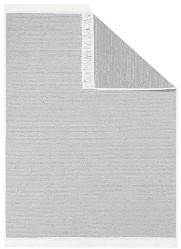 TAPISO Azteca Teppich Kurzflor Baumwolle Beidseitig Anwendbar Creme Grau mit Fransen Waschbar Wohnzimmer Schlafzimmer Waschmaschinenfest Küche ÖKOTEX 60 x 110 cm