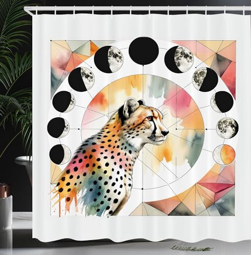 ABAKUHAUS Leopard Tenda da doccia, arte ad acquerello dettagli in poli profilo di gatto selvatico Fasi lunari Lunar Boho, set di decorazioni per, 175 per 200 cm, rosa corallo verde acqua pallido