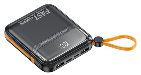 Powerbank 10000mAh mit Kabel, 22.5W Externer Akku klein Aber stark mit led-anzeige, USB C Tragbares Ladegerät 5 Ausgängen Externe Handyakkus für iPhone 14/15/13/12 iPad Samsung Xiaomi usw (Schwarz)