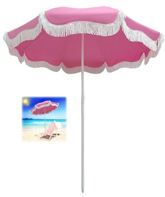 Rose Parasol De Plage Inclinable 180cm Parasol De Jardin Exterieur Rose Parasol De Plage Avec Frange Parasol À Frange Imperméable Hauteur Réglable Pour Jardin Terrasse Cour Et Piscine/Sac De Transport