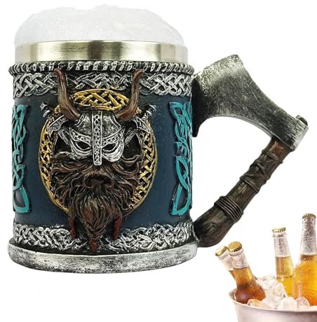 Gotischer Bierkrug Aus Edelstahl Mit Horn Und Totenkopf-Bierbecher | Wikinger Bierkrug |Wikinger-Krieger-Schädel-Becherkrug | Runenbecher | Bierkrug | Mittelalterlicher Bierkrug Für Kaffee/Getränke