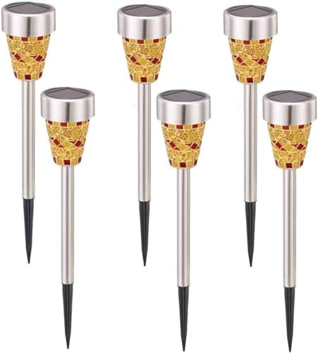 SUAVER Mosaik Solarleuchte, Wasserdichte Solar Gartenleuchte Bodenleuchte Außen Garten Licht,Edelstahl Außenleuchte Solarlampe Dämmerungsschalter Perfekt für Garten, Balkon und Terrasse (6pcs Orange)