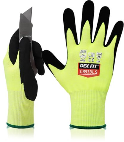 DEX FIT Level A5 Cut Resistant Gloves CR533LS - Silky Smooth and Fiberglass Free, Heavy Duty Grip, Thin & Light, Touchscreen Compatible, Durable, Breathable, Machine Washable; Fluo Green M (8) 1 Pair
