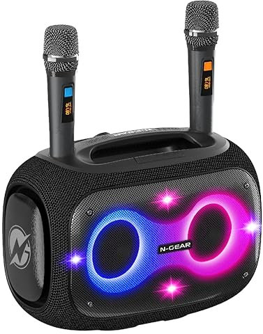 N-Gear NRG 600 Bluetooth Lautsprecher Musikbox - Partybox Bluetooth und Karaoke Maschine mit 2 Mikrofonen im einem - 600 Watt, Super Tiefer Bass, IPX5 wasserdicht, 10 Std. Spielzeit, LED-Beleuchtung
