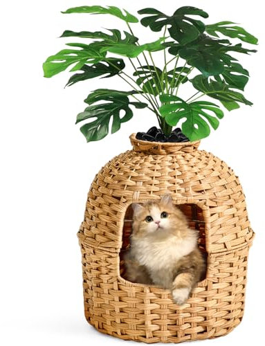 SETVSON Cat Litter Box Plant Furniture Enclosure, Hidden Handwoven Rattan with Cat Litter Box and Artificial Plants, Odor Control Filter, Real Stones in Living Room, Bedroom, Corner Natural