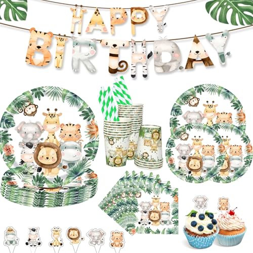 158 Pcs Jungle Safari Theme Party Tableware Set,Safari Birthday Decorations, Jungle Animal Birthday Theme Party Tableware Set,Birthday Banner Paper Plates Napkins Cups for 30 Guests