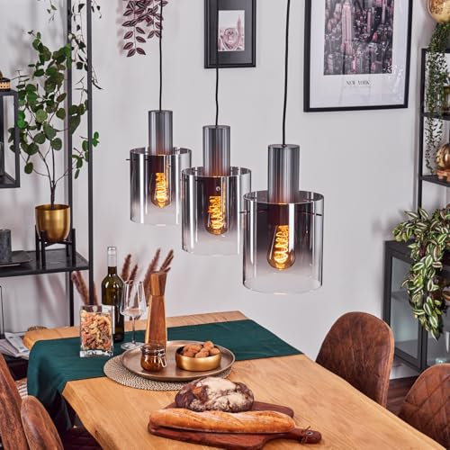 HOFSTEIN Hängeleuchte Vireda, 3-flammige Hängelampe aus Metall/Glas in Anthrazit/Rauch/Klar, Vintage-Design (Ø 18cm), E27, Pendelleuchte höhenverstellbar bis 120,5cm, Esszimmer, Wohnzimmer, Küche