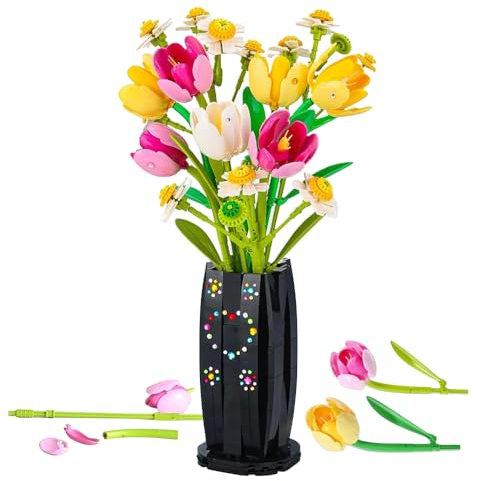 KBIBCK Tulpen Bausteine Blumen Set, Blumen Bausteine Set, 1250 PCS Tulpen Blumen Bauspielzeugset mit Vase, Künstliche Blumen Bausatz für Erwachsene, DIY Botanik-Kollektion Hausdeko für Frauen, Mädchen