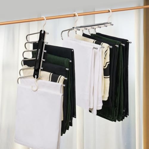 KIMIGO Grucce Pantaloni Salvaspazio,Set di 2 Appendini 6 in 1,Appendini Portatili Multifunzionali,Porta Pantaloni,Appendini Armadio per Pantaloni,Jeans,Sciarpe,Asciugamani,Organizer per Armadio (Nero)